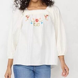 LC Lauren Conrad‎ XXL White Floral Embroidered Seersucker Peasant Blouse Top